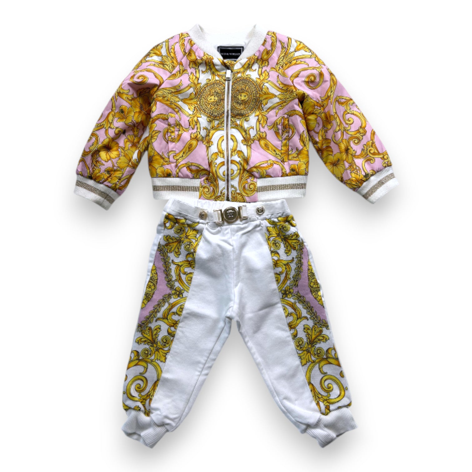 VERSACE - White zip-up jacket and trousers set with yellow patterns - 12 months