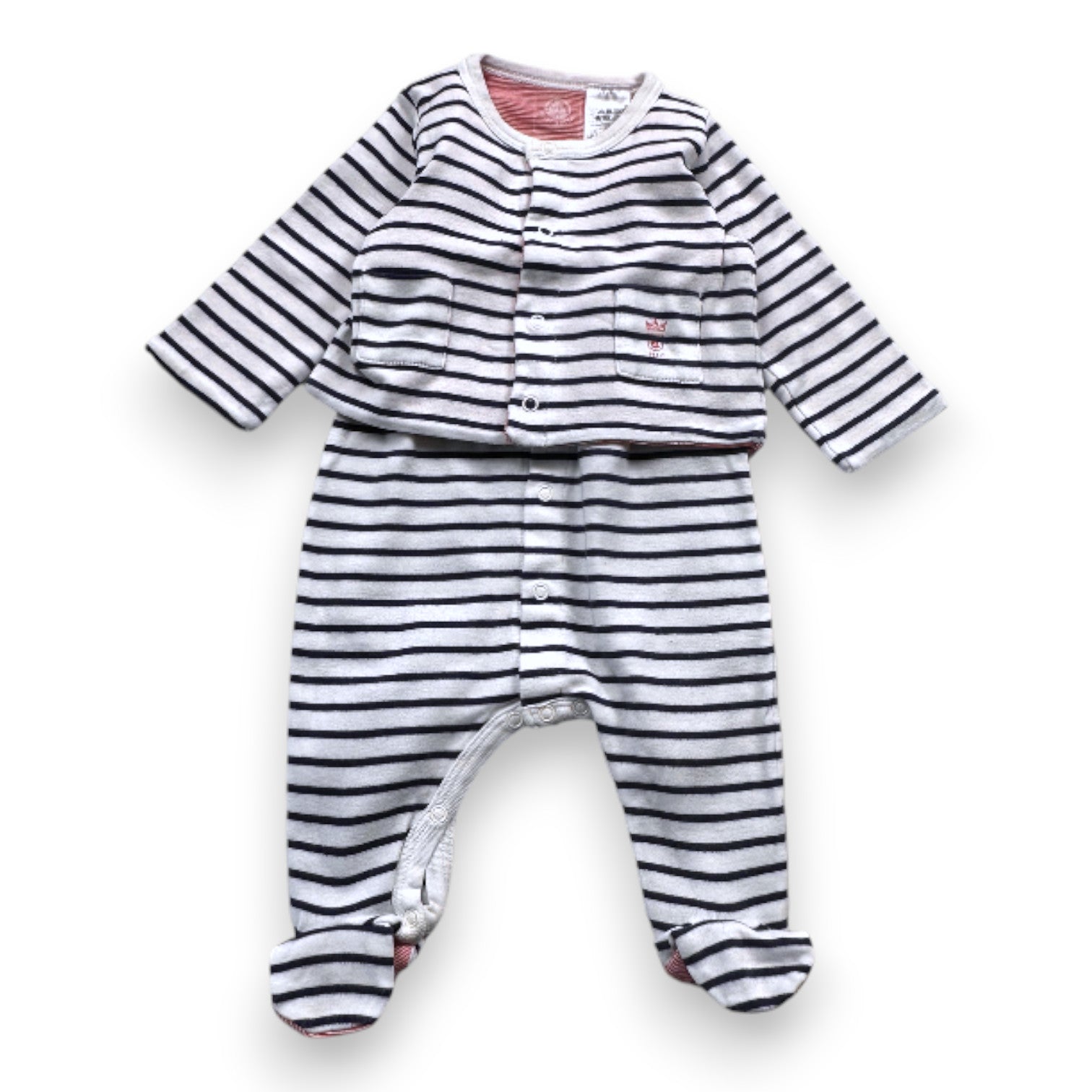 PETIT BATEAU - Weiß-blau gestreiftes Jumpsuit- und Westenset - 1 Monat