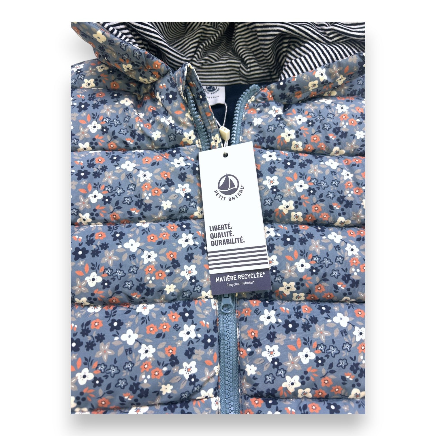 PETIT BATEAU - Neue blaue Daunenjacke mit Blumenmuster - 2 Jahre
