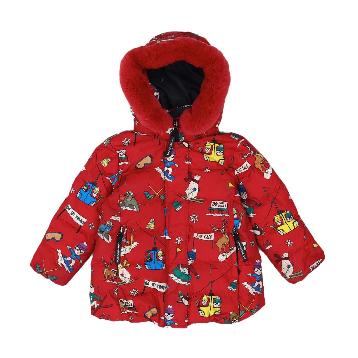 DOLCE & GABBANA - Red down jacket with prints and rabbit fur - 3 years