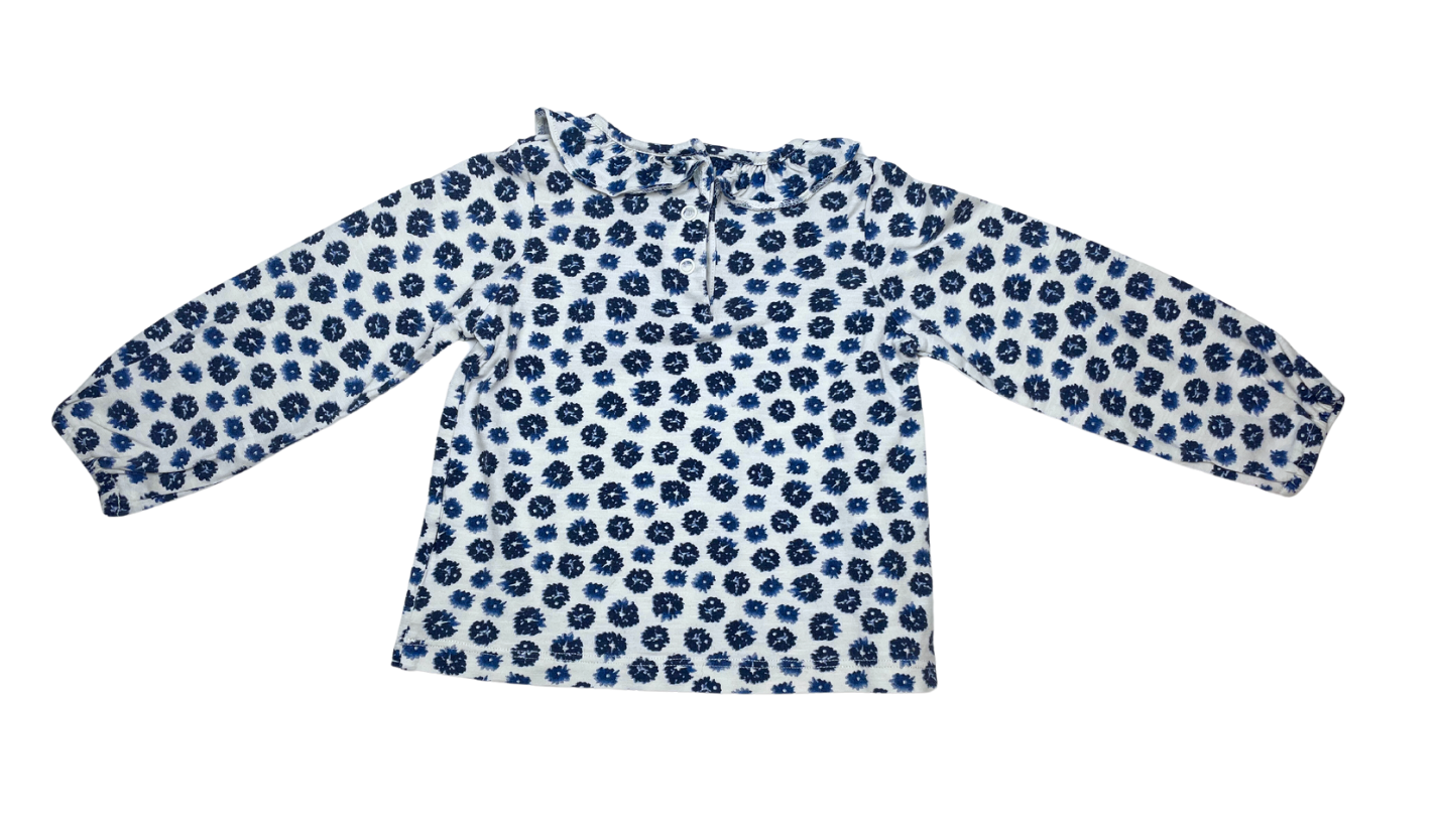 PETIT BATEAU - T-shirt blanc à fleurs marines et volants - 24 mois