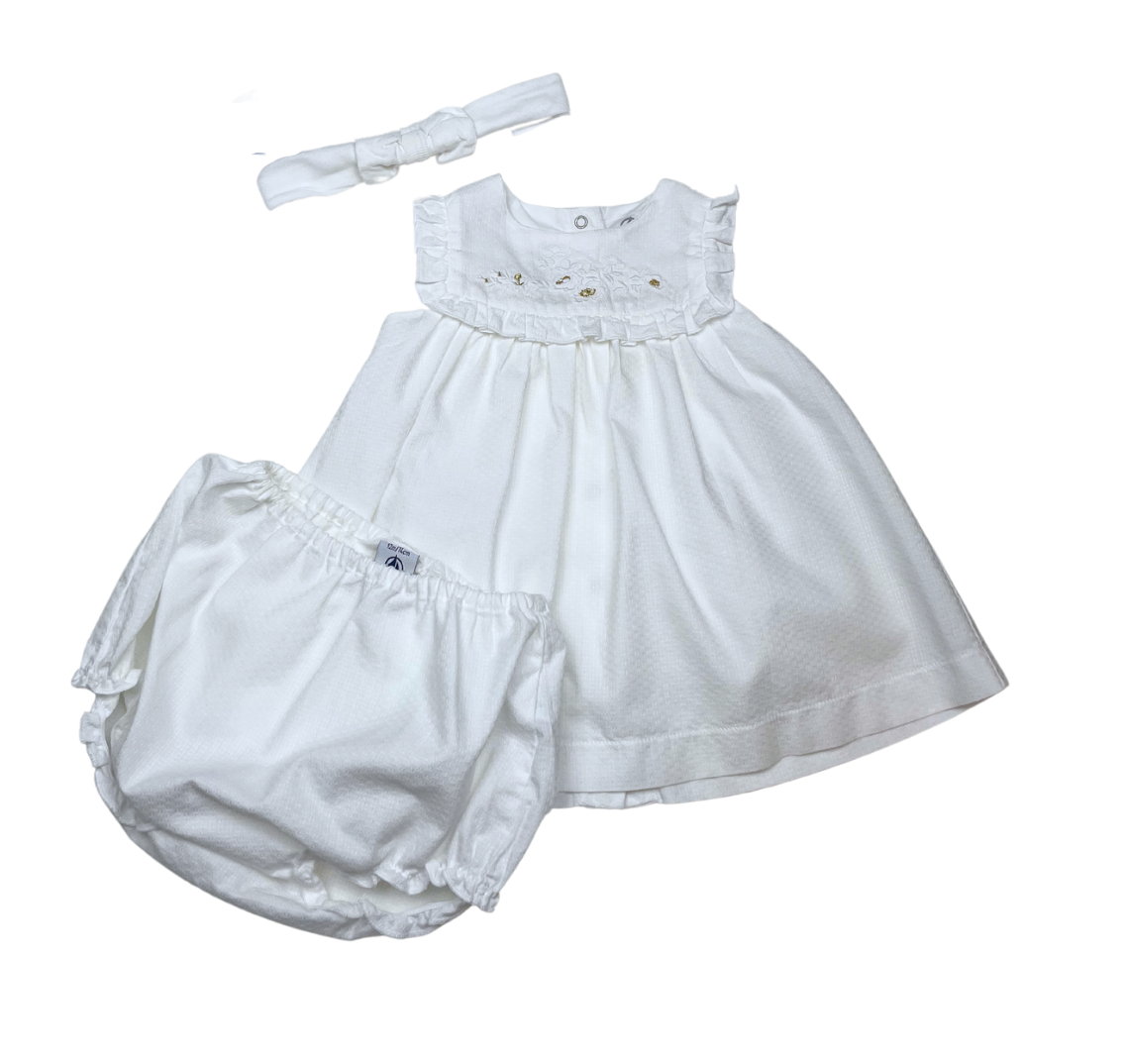PETIT BATEAU - Robe de cérémonie blanche avec broderies or - 12 mois
