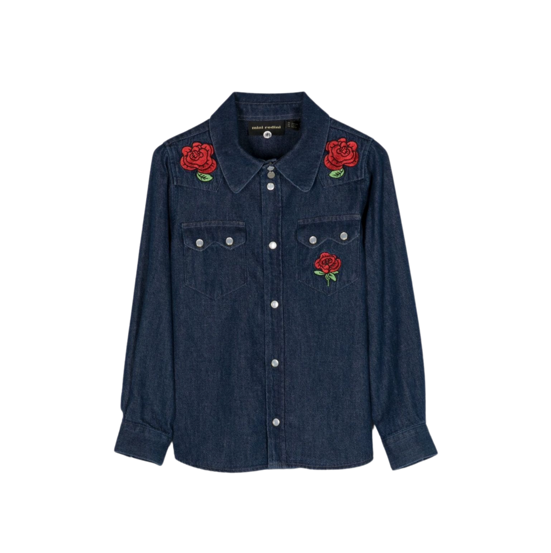 MINI RODINI - Chemise en jean motifs rose brodé - 2/3 ans