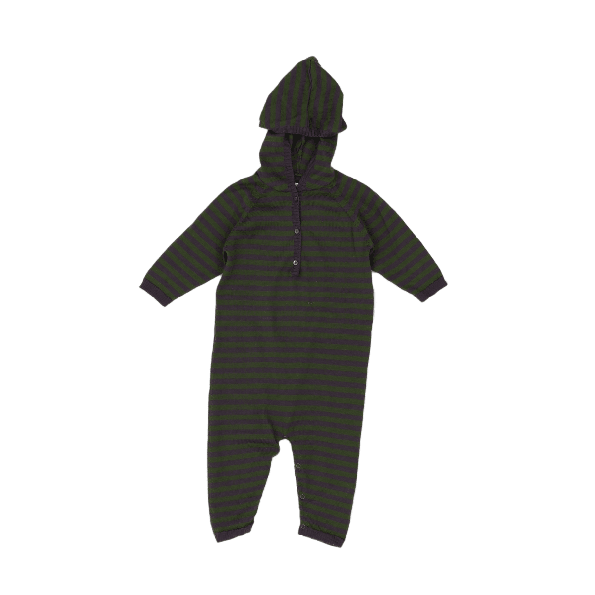 BONPOINT - Grün-braun gestreifter Wolloverall mit Kapuze - 6 Monate