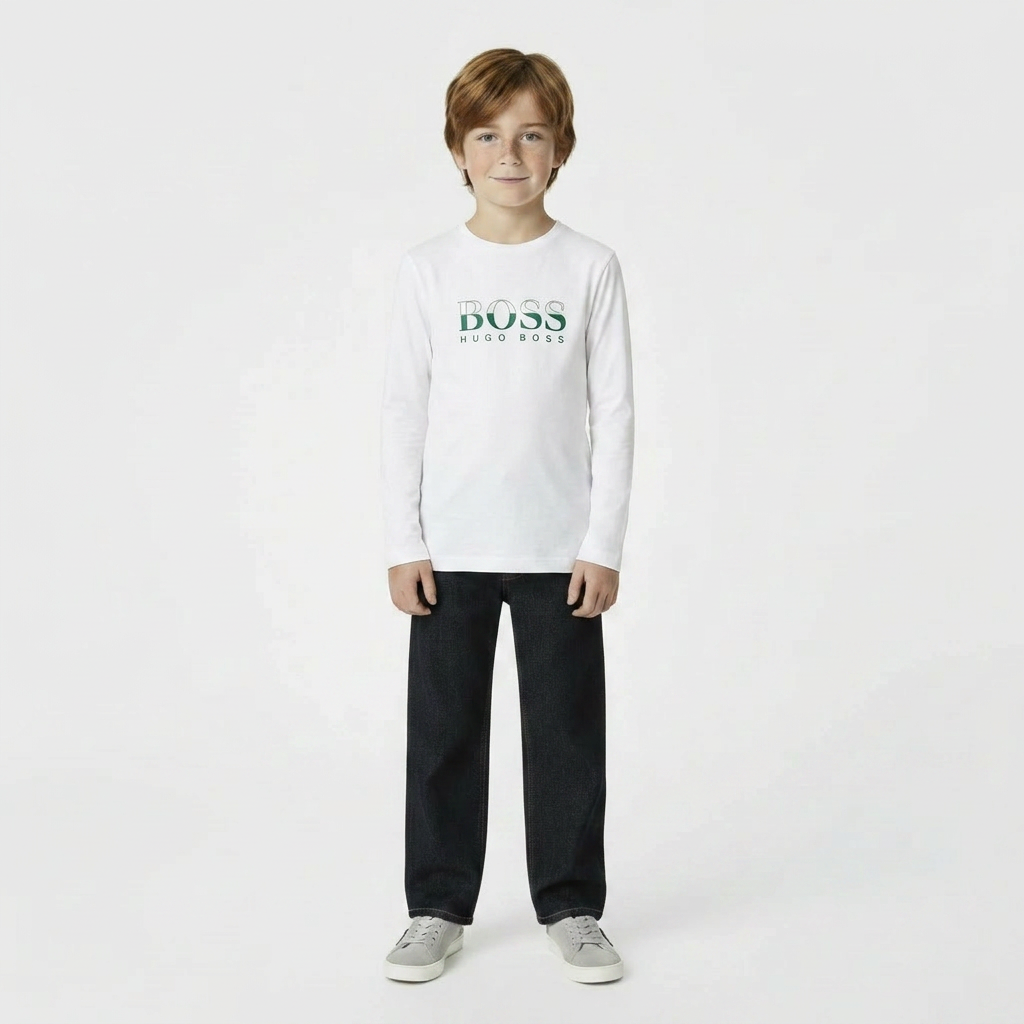 HUGO BOSS - T-SHIRT - BLANC, VERT - 8 ANS
