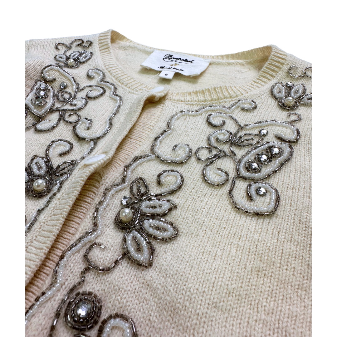 BONPOINT - Cardigan en laine couleur crème orné de perles - 8 ans