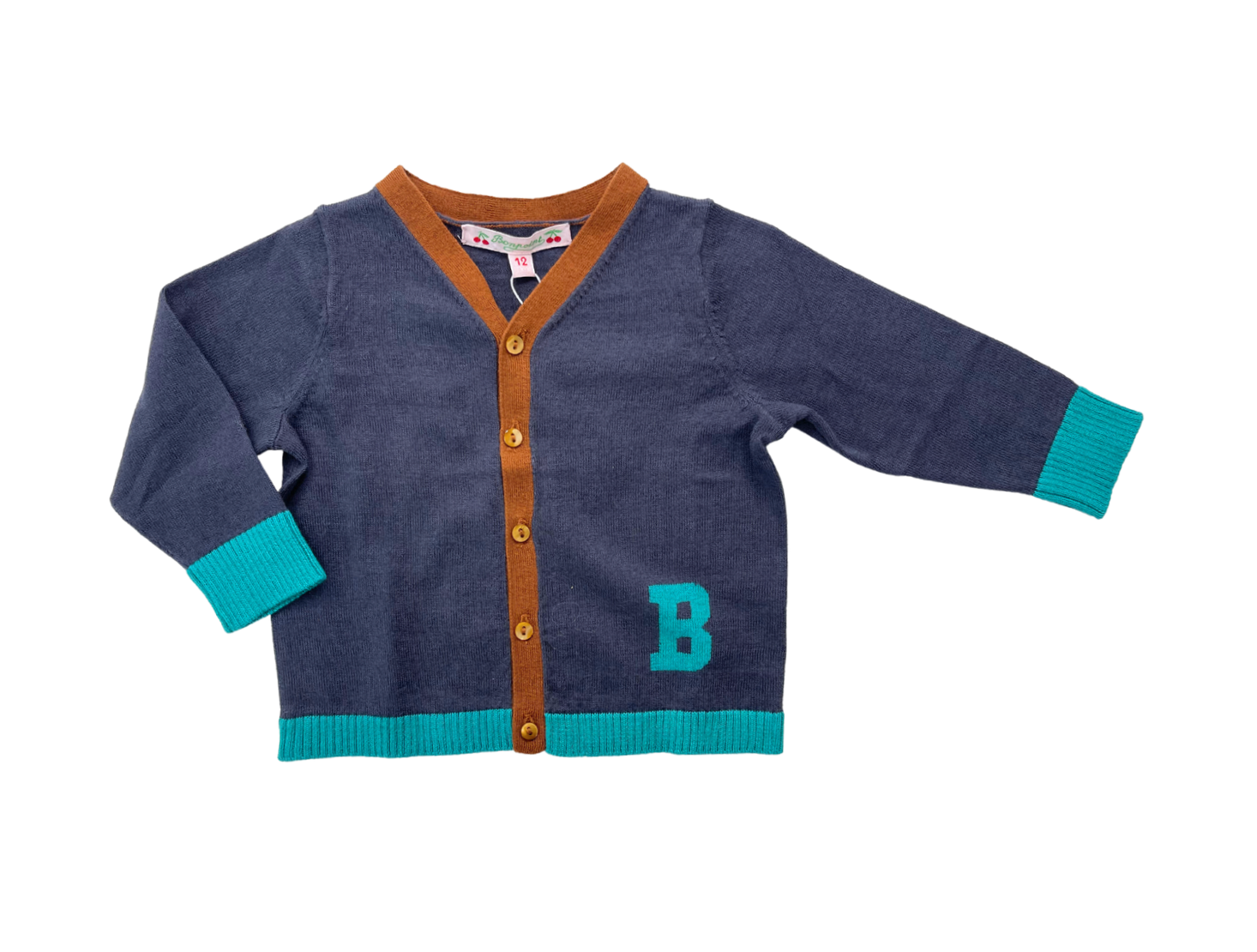 BONPOINT - Cardigan bleu ardoise « B » (neuf) - 12 mois
