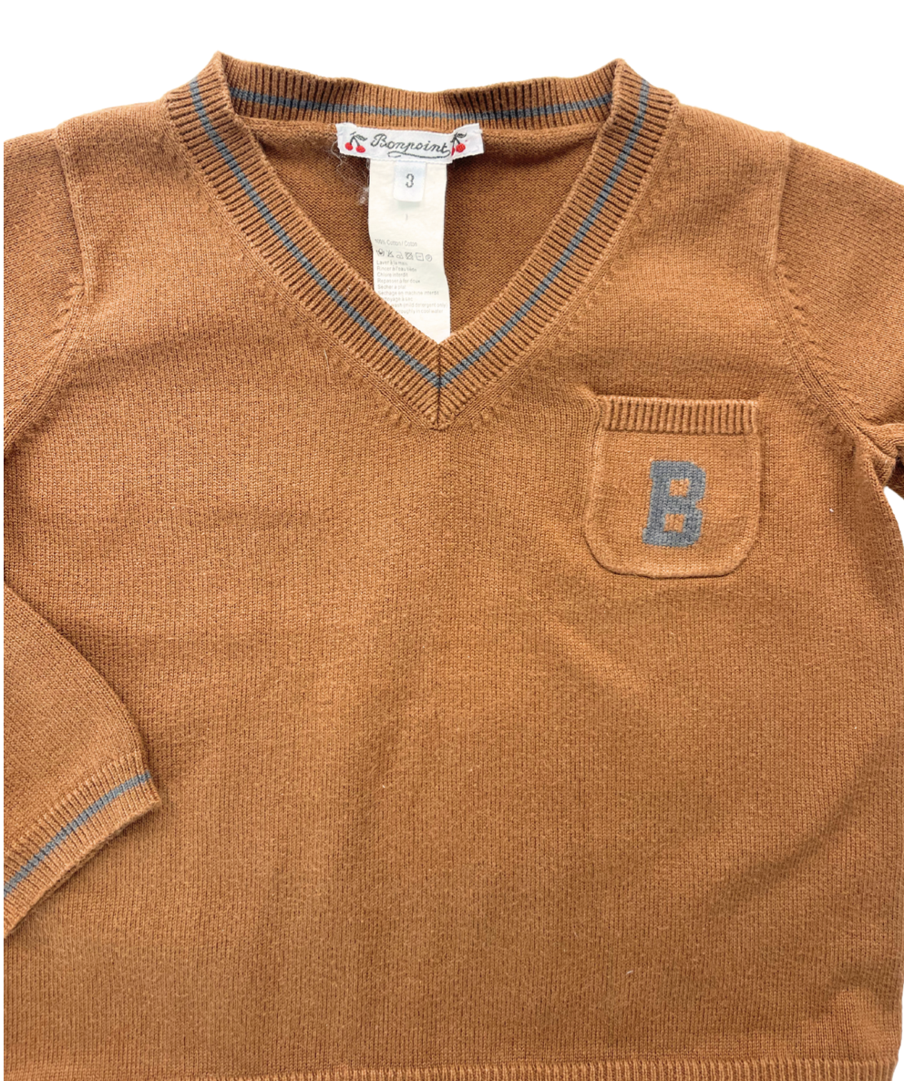 BONPOINT - Pull marron col V en coton - 3 ans