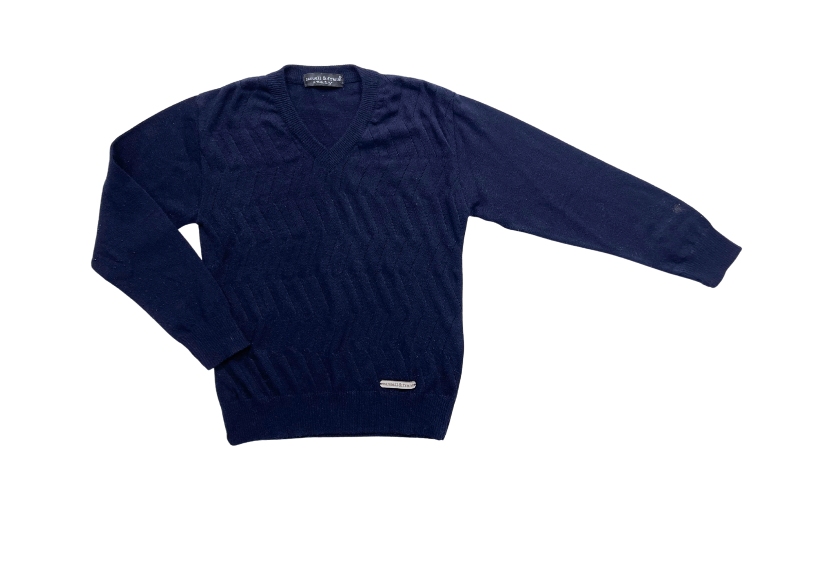 MANUELL & FRANK - Pull en laine bleu marine col V - 8 ans