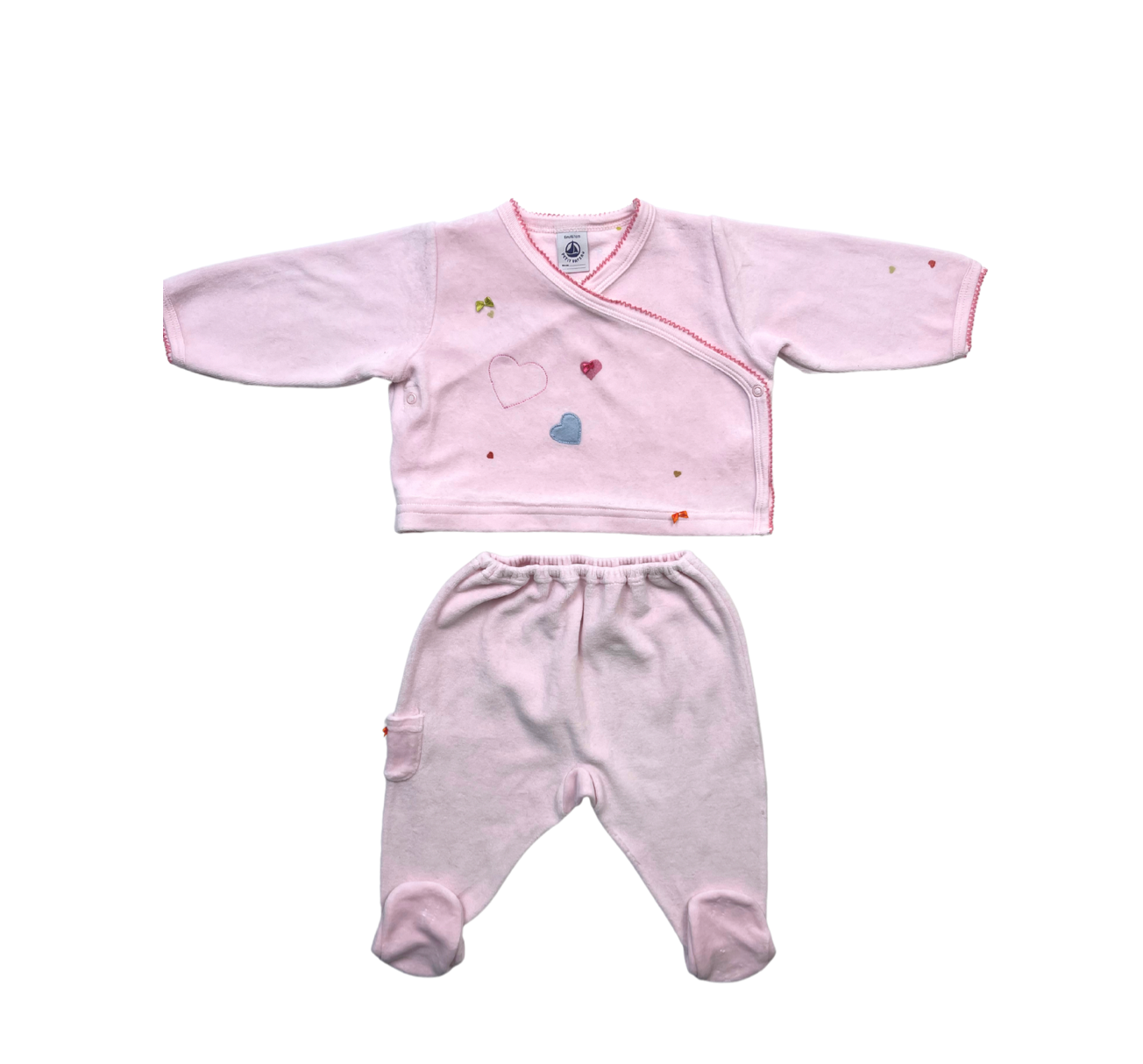PETIT BATEAU - Ensemble de pyjama velours rose à motif coeurs - 6 mois