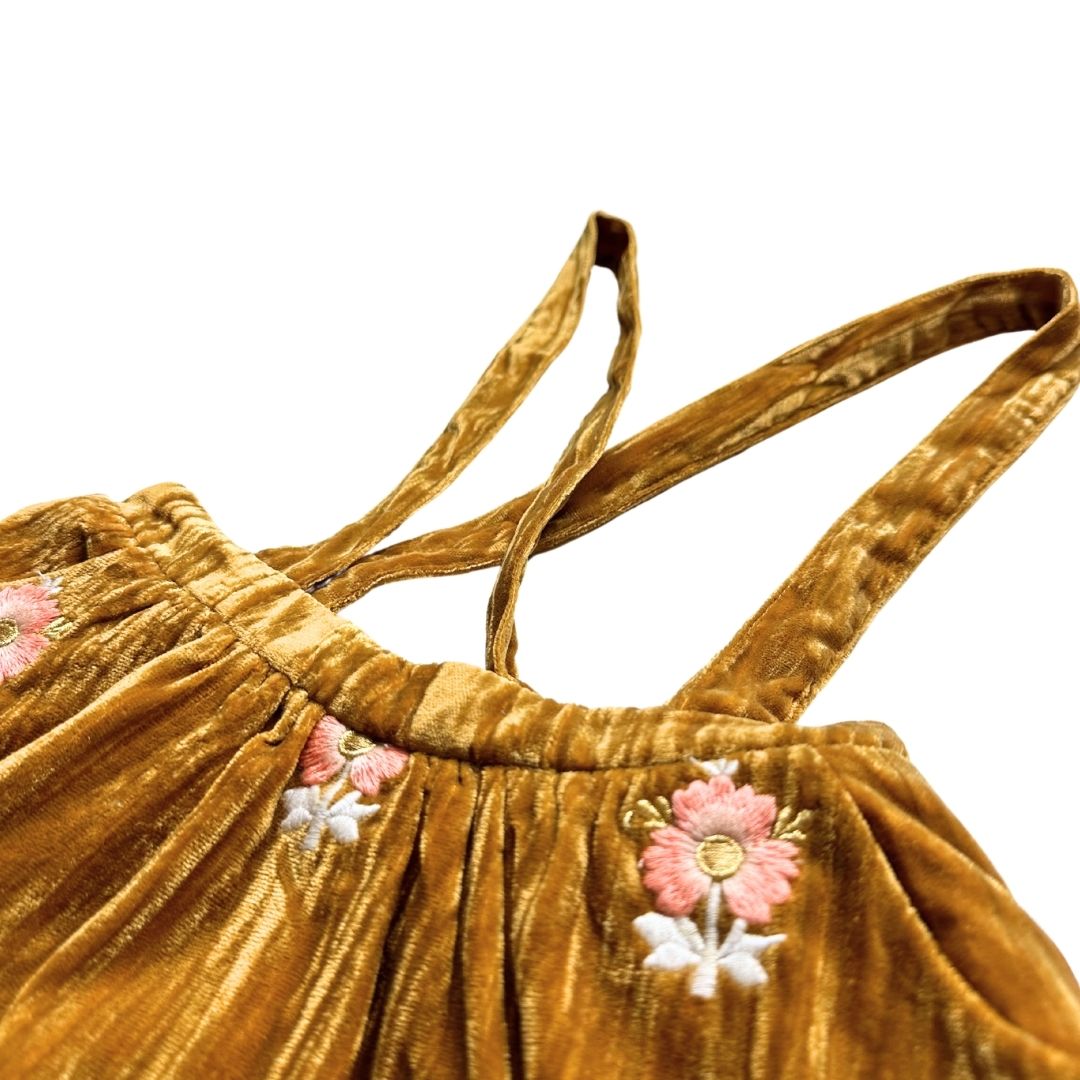 LOUISE MISHA - Jupe en velours moutarde avec fleurs brodés - 4 ans