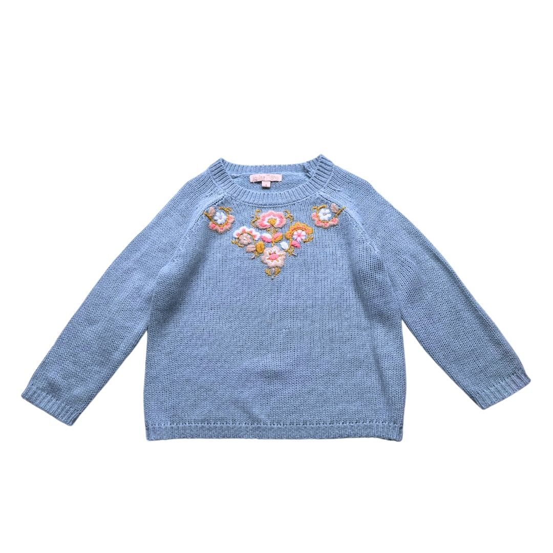 LOUISE MISHA - Pull bleu en laine et alpaga avec fleurs brodés - 4 ans