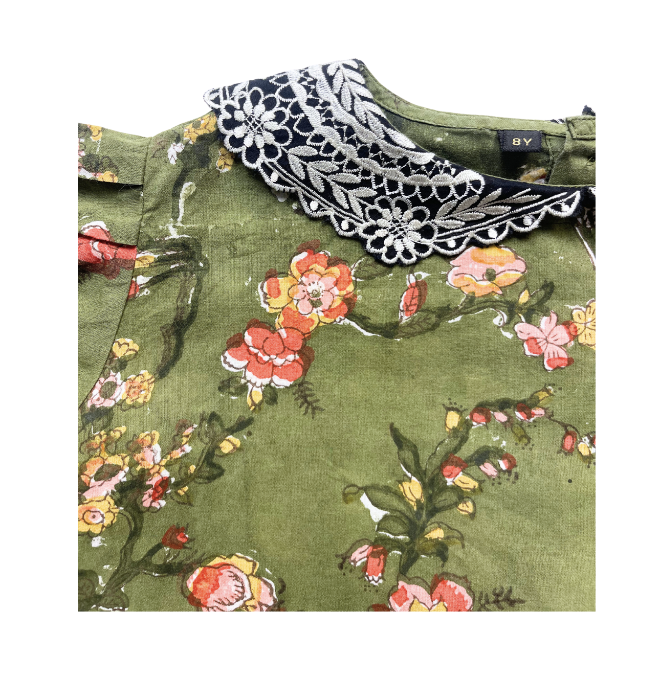 VINTAGE - Blouse verte à fleurs - 8 ans