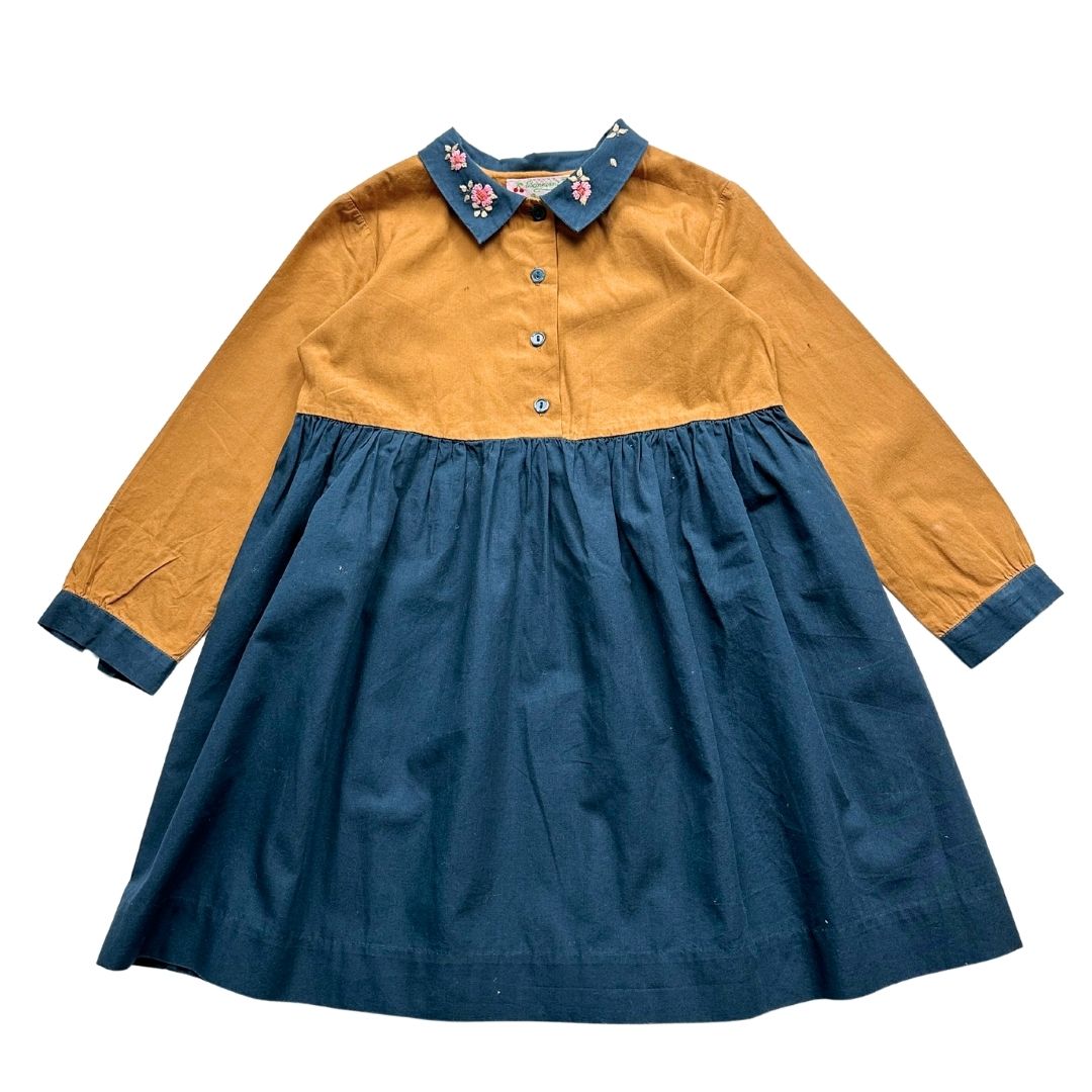 BONPOINT - Robe bleu et marron col brodé - 4 ans