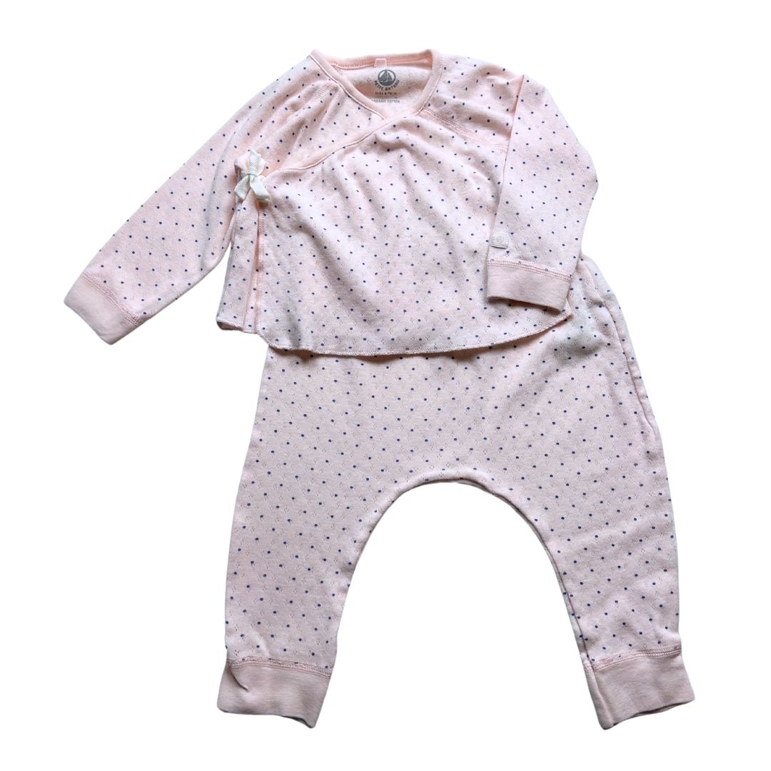 PETIT BATEAU - Ensemble de pyjama rose à pois bleu - 12 mois