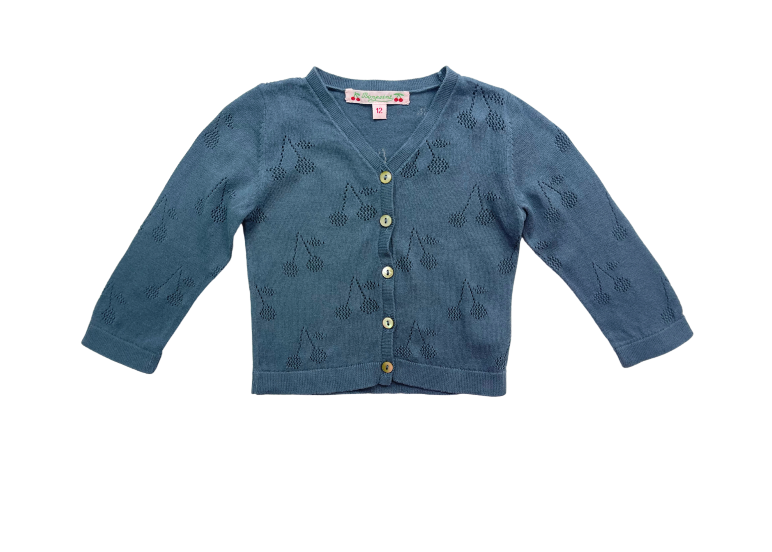 BONPOINT - Cardigan bleu/gris motif cerises - 12 mois