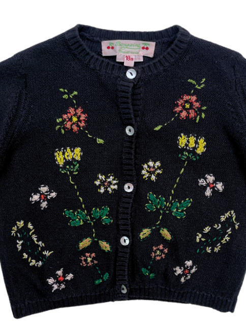 BONPOINT - Cardigan en coton noir à fleurs brodées - 18 mois