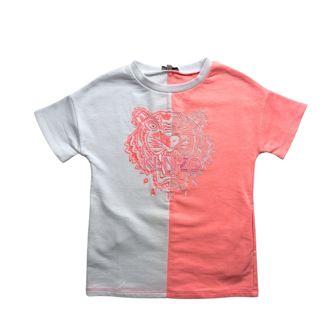 KENZO - Robe / t-shirt blanc et rose à motif tête de tigre brodé - 3 ans