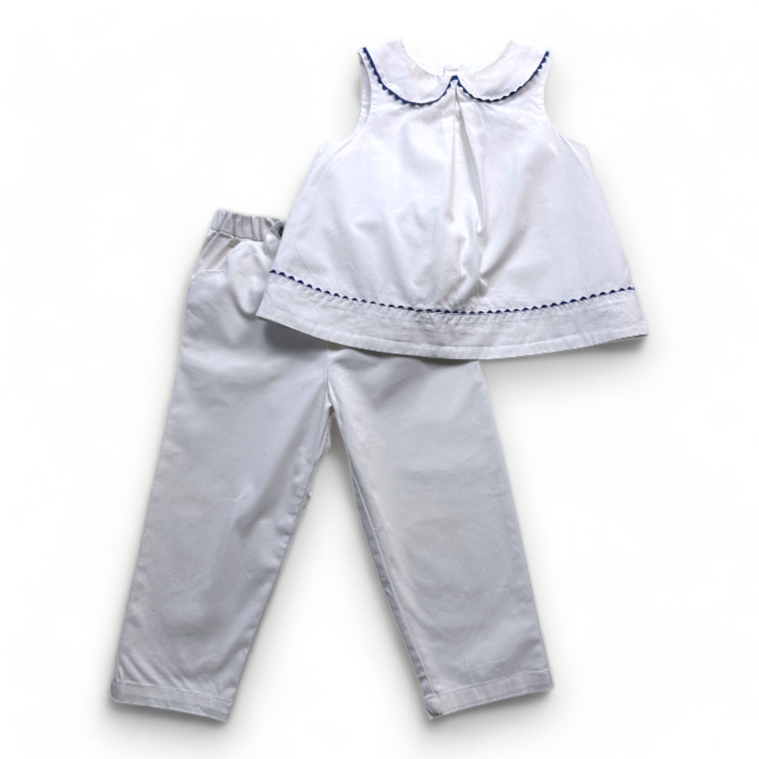 JACADI - Ensemble pantalon et blouse blanche avec détails bleus - 2 ans