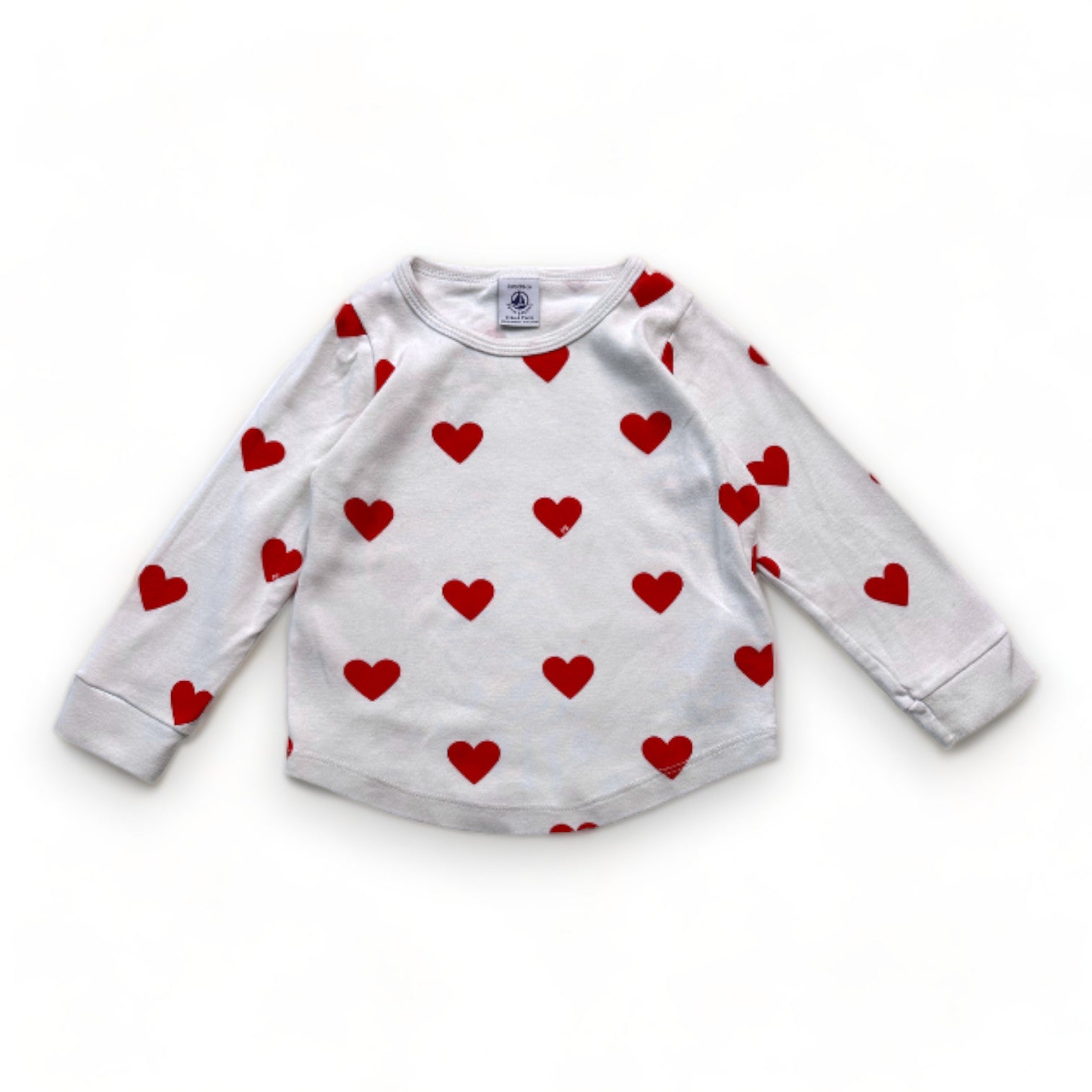 PETIT BATEAU - T-shirt blanc à manches longues avec coeurs rouges - 2 ans