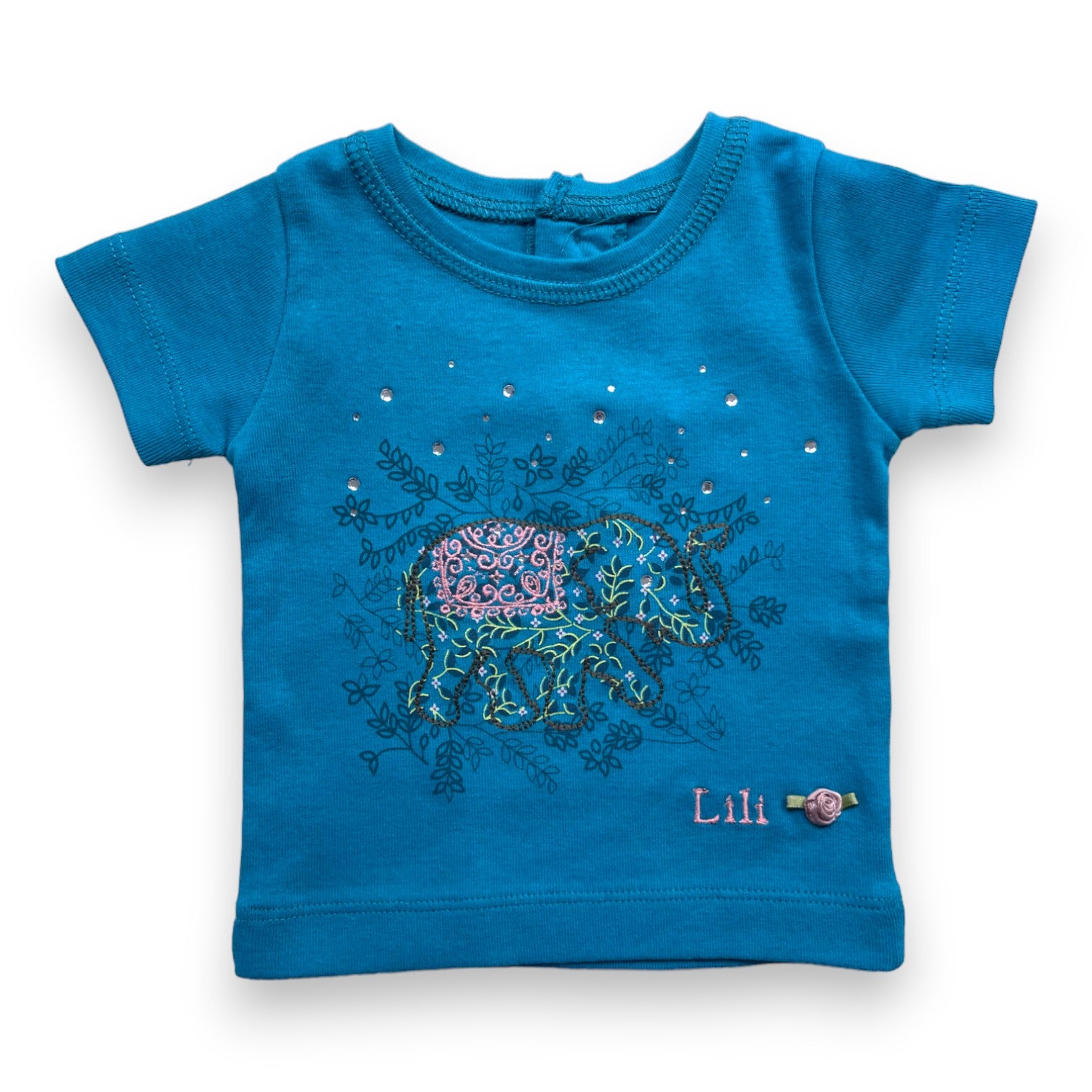 LILI GAUFRETTE - T shirt bleu à motifs et strass (neuf) - 3 mois