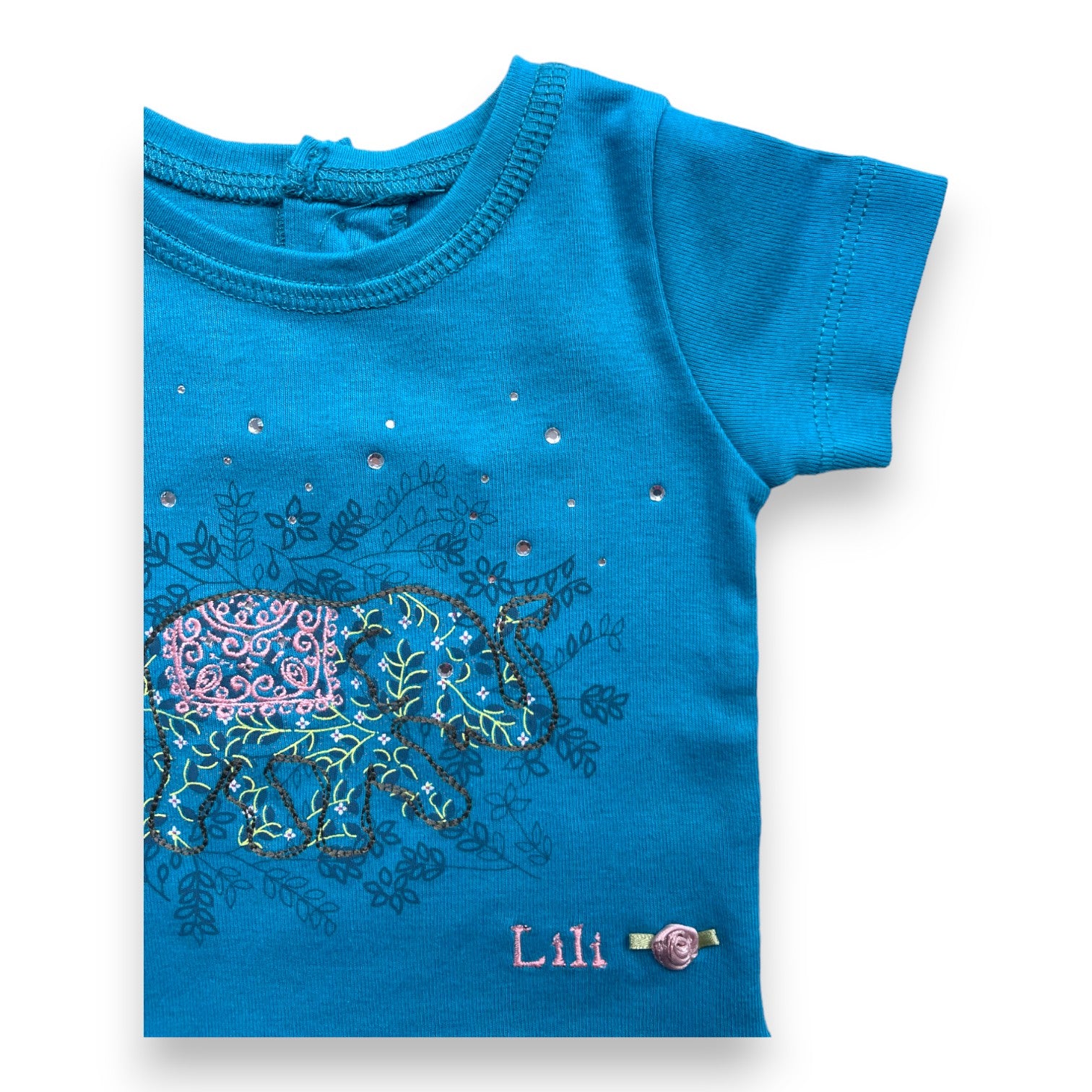 LILI GAUFRETTE - T shirt bleu à motifs et strass (neuf) - 3 mois
