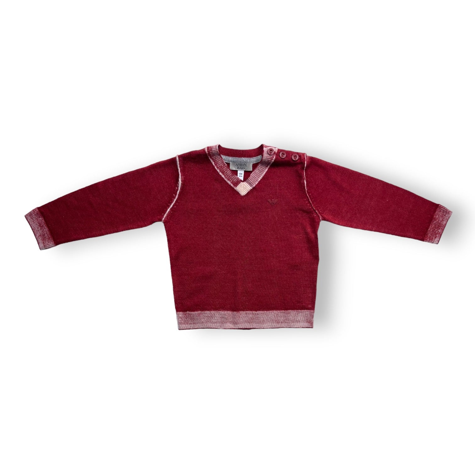 ARMANI BABY - Pull col V en laine rouge et blanc (neuf) - 12 mois