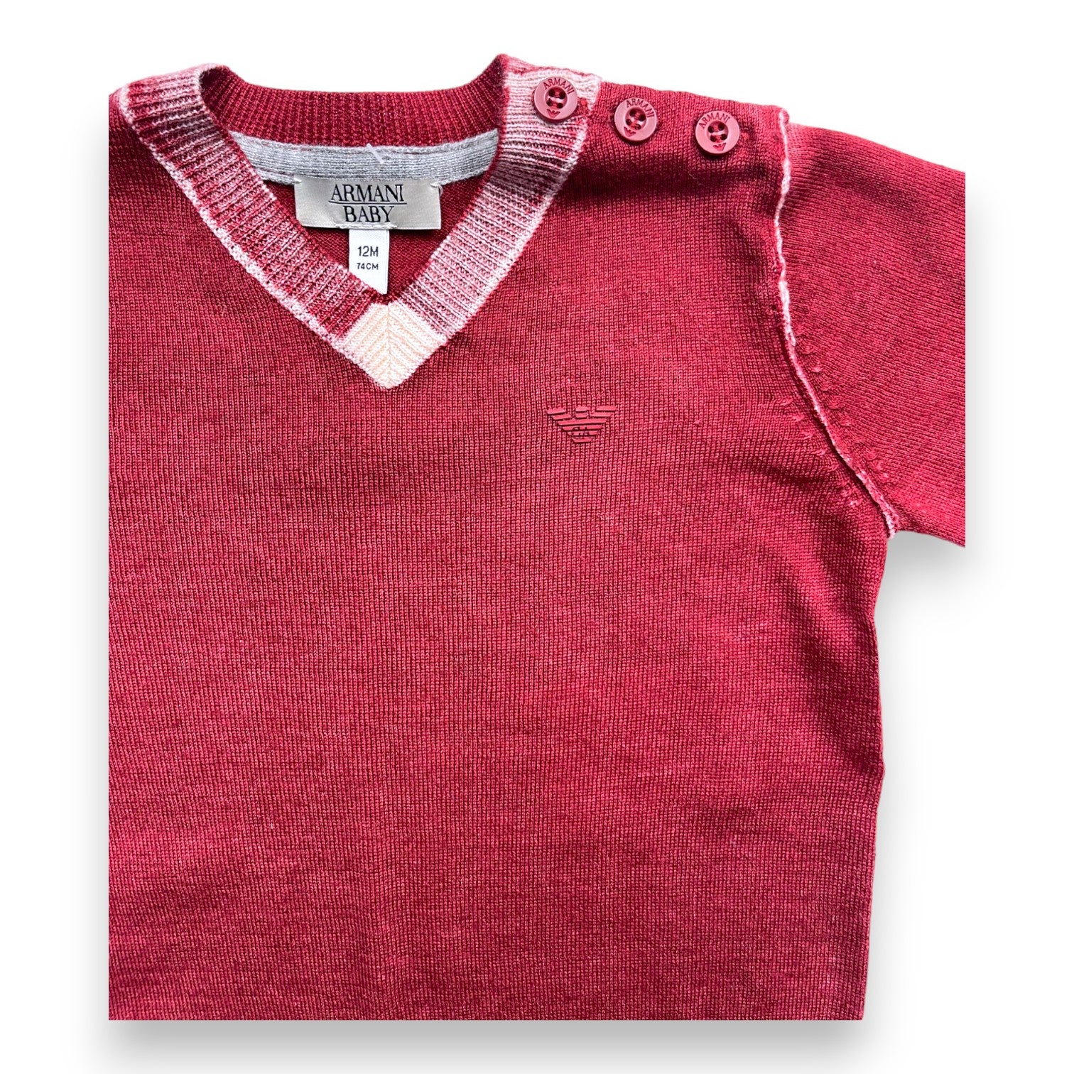 ARMANI BABY - Pull col V en laine rouge et blanc (neuf) - 12 mois
