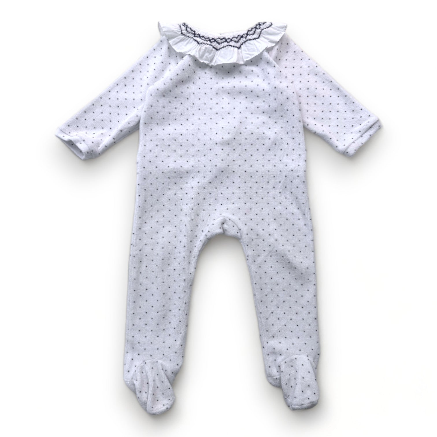 JACADI - Pyjama blanc et bleu à pois avec col à volant - 12 mois