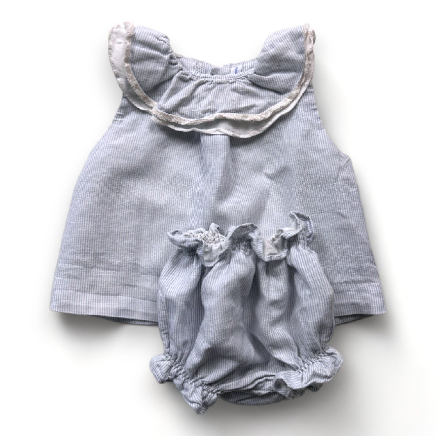 LA CHATELAINE - Ensemble robe et bloomer en lin bleu et blanc à rayures - 12 mois