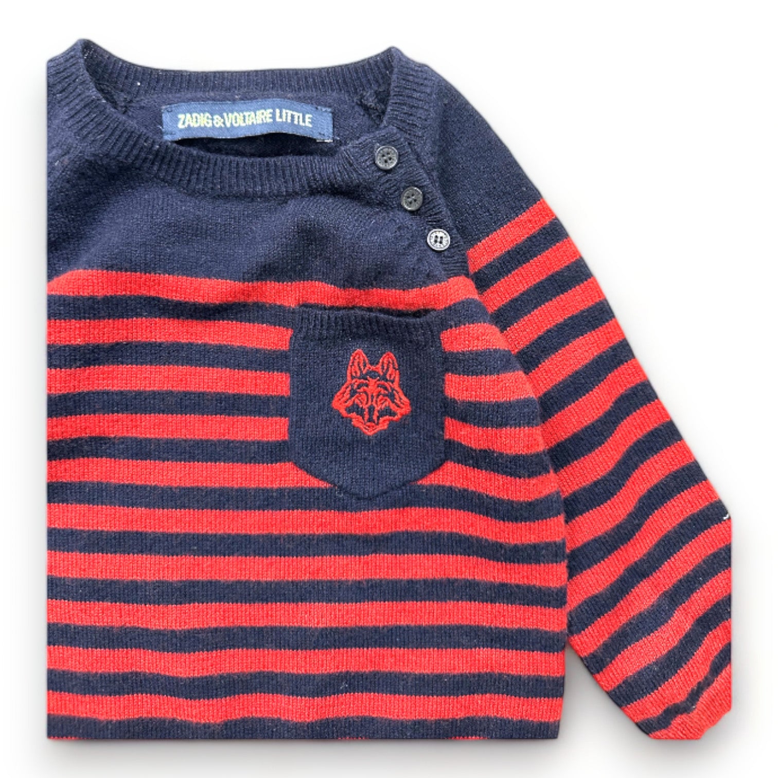 ZADIG & VOLTAIRE - Pull en laine rouge et bleu à rayures - 6 mois