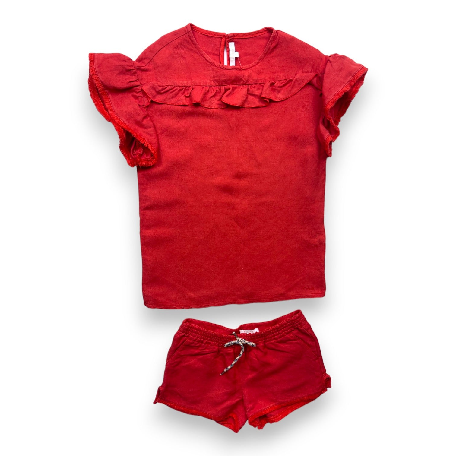 CHLOÉ - Ensemble short / t-shirt rouge en lin à franges - 4 ans