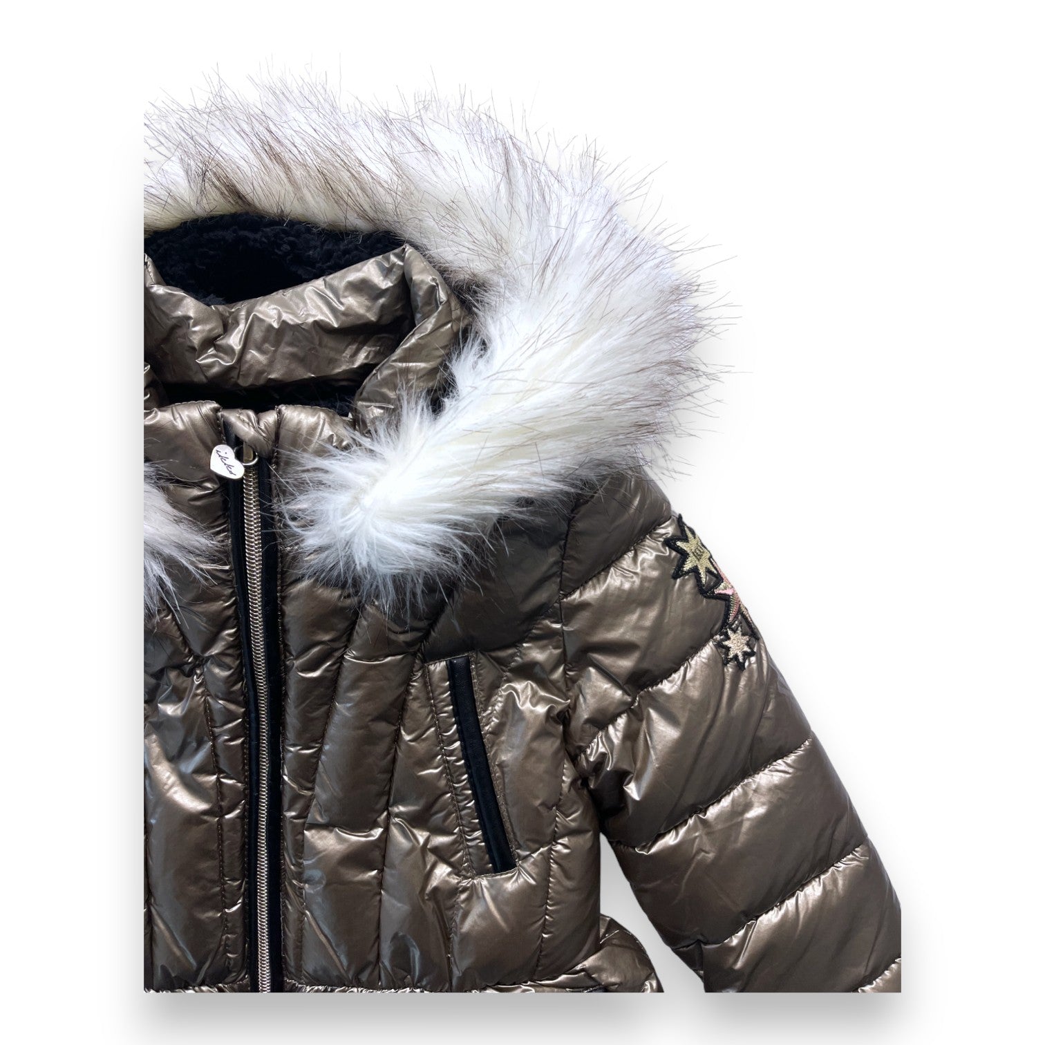 IKKS - Goldene Daunenjacke mit weißer Kunstpelzkapuze - 4 Jahre