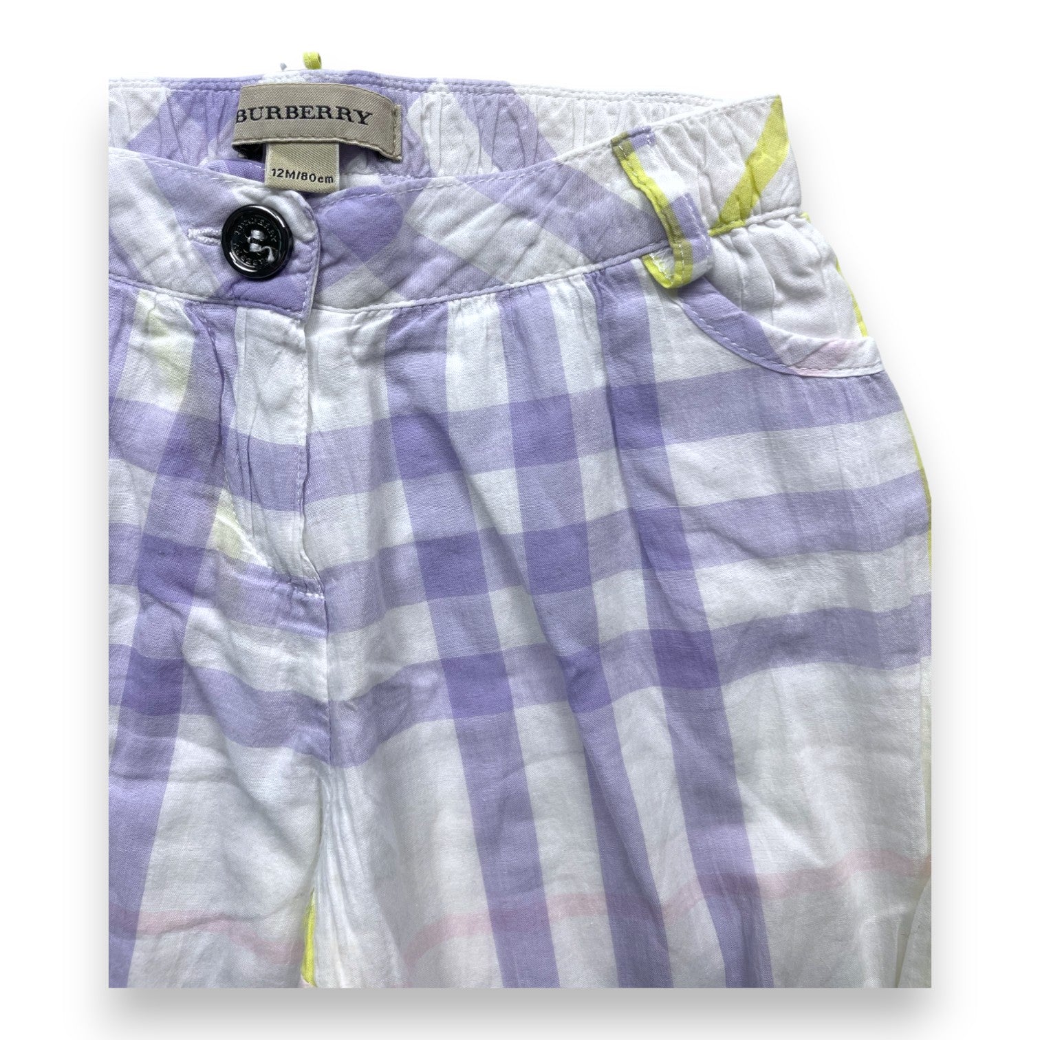 BURBERRY - Pantalon blanc léger à rayures violettes et vertes - 12 mois