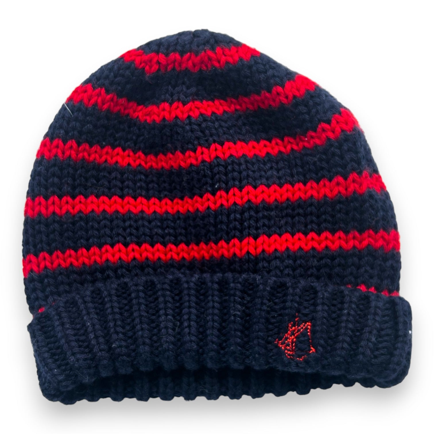 PETIT BATEAU - Blaue Strickmütze mit roten Wollstreifen - 43/45