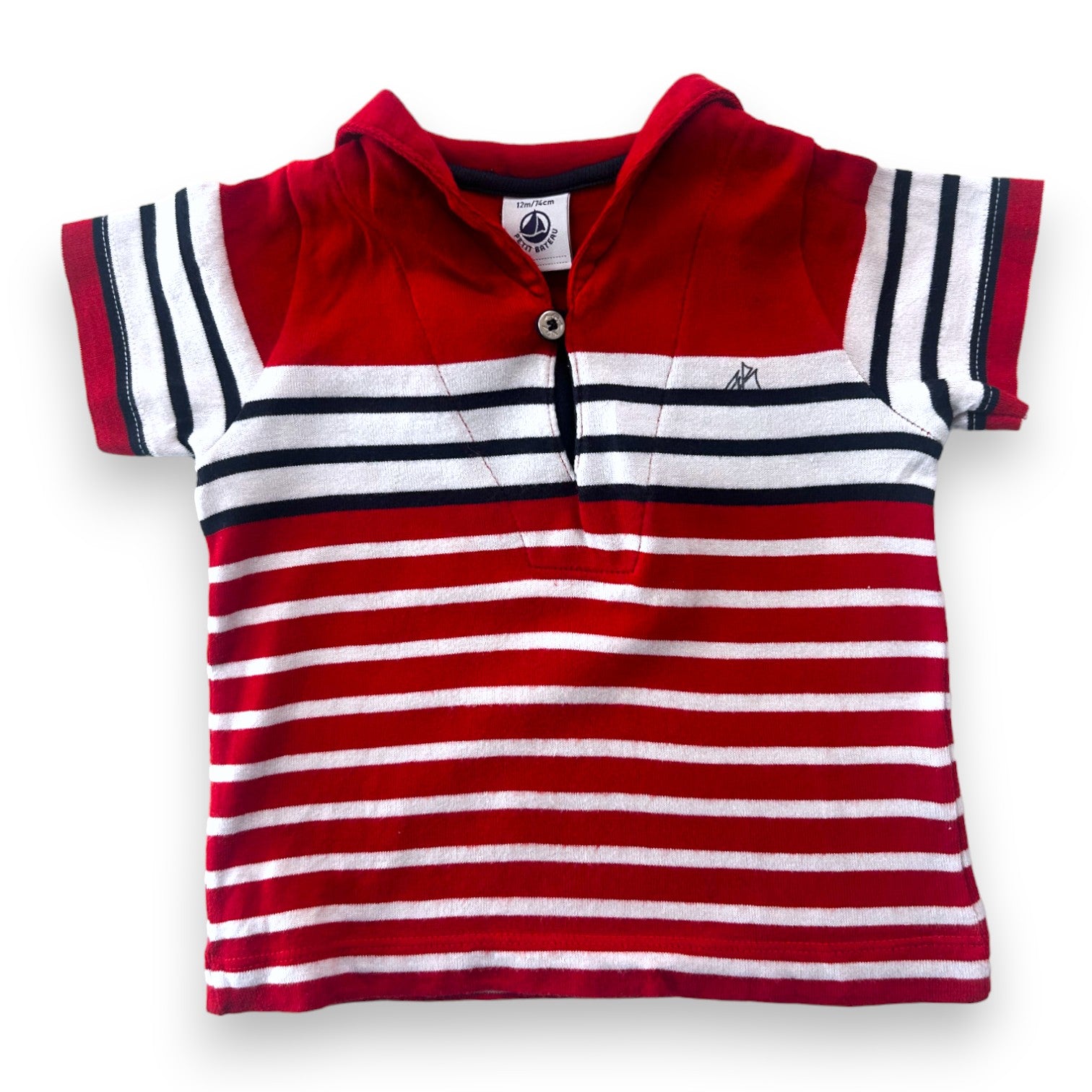 PETIT BATEAU - T-shirt col V rouge à rayures - 12 mois