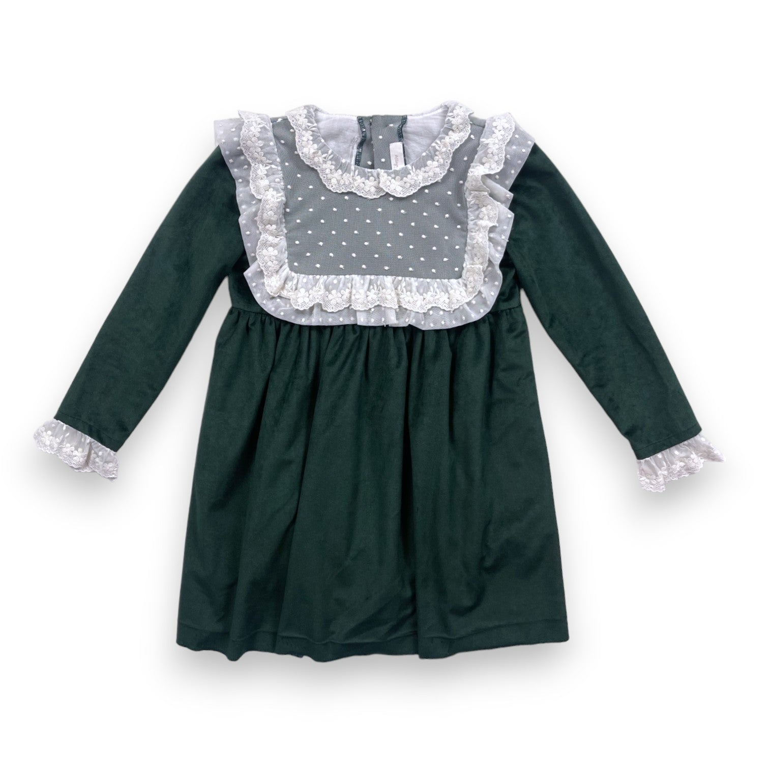 ALLEGRA - Robe en velours de soie verte à col dentelle - 8 ans