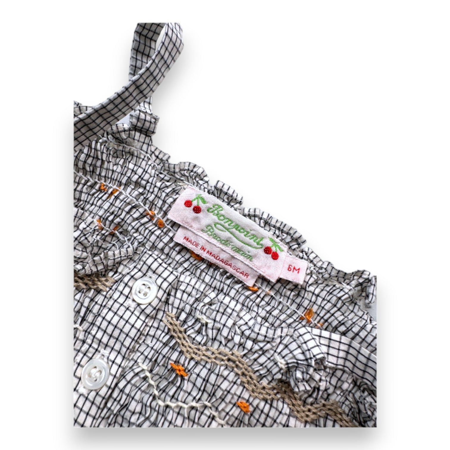 Bonpoint - Schwarz-weißes Gingham-Kleid mit bestickten Trägern - 6 Monate