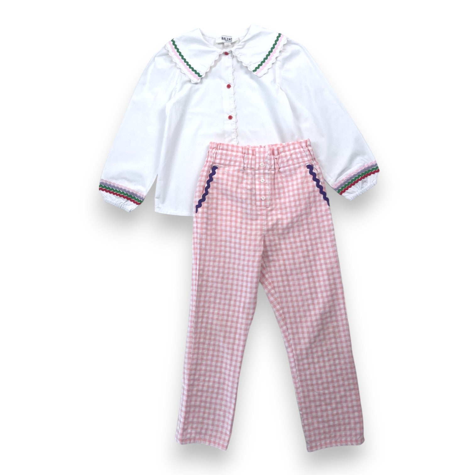 BALZAC - Ensemble blouse blanche et pantalon vichy rose - 8 ans