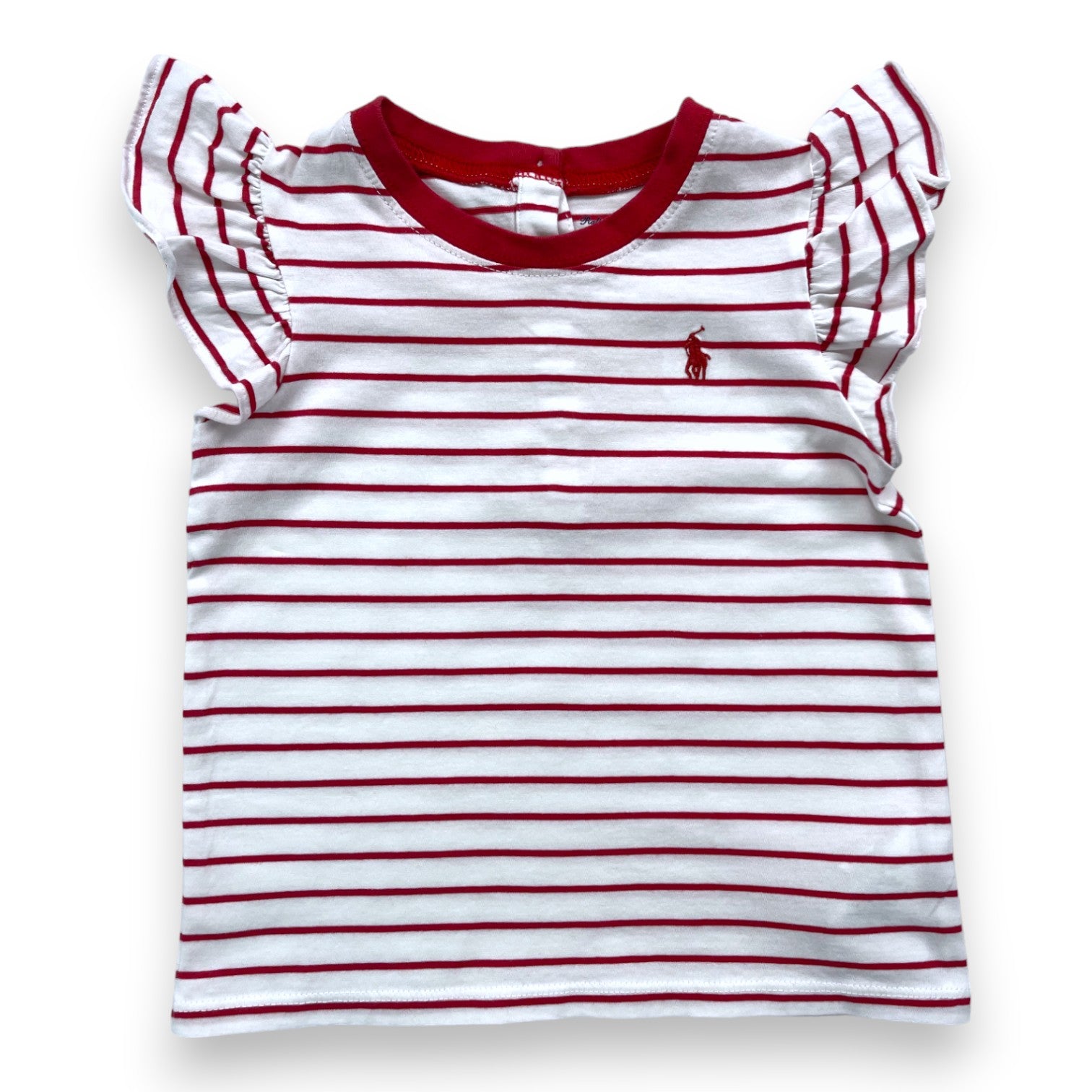 RALPH LAUREN - T shirt blanc à rayures rouges et manches volantées - 2 ans