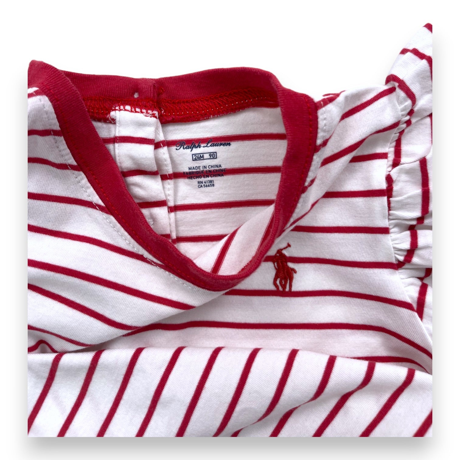 RALPH LAUREN - White T-shirt with red stripes and ruffled sleeves - 2 years