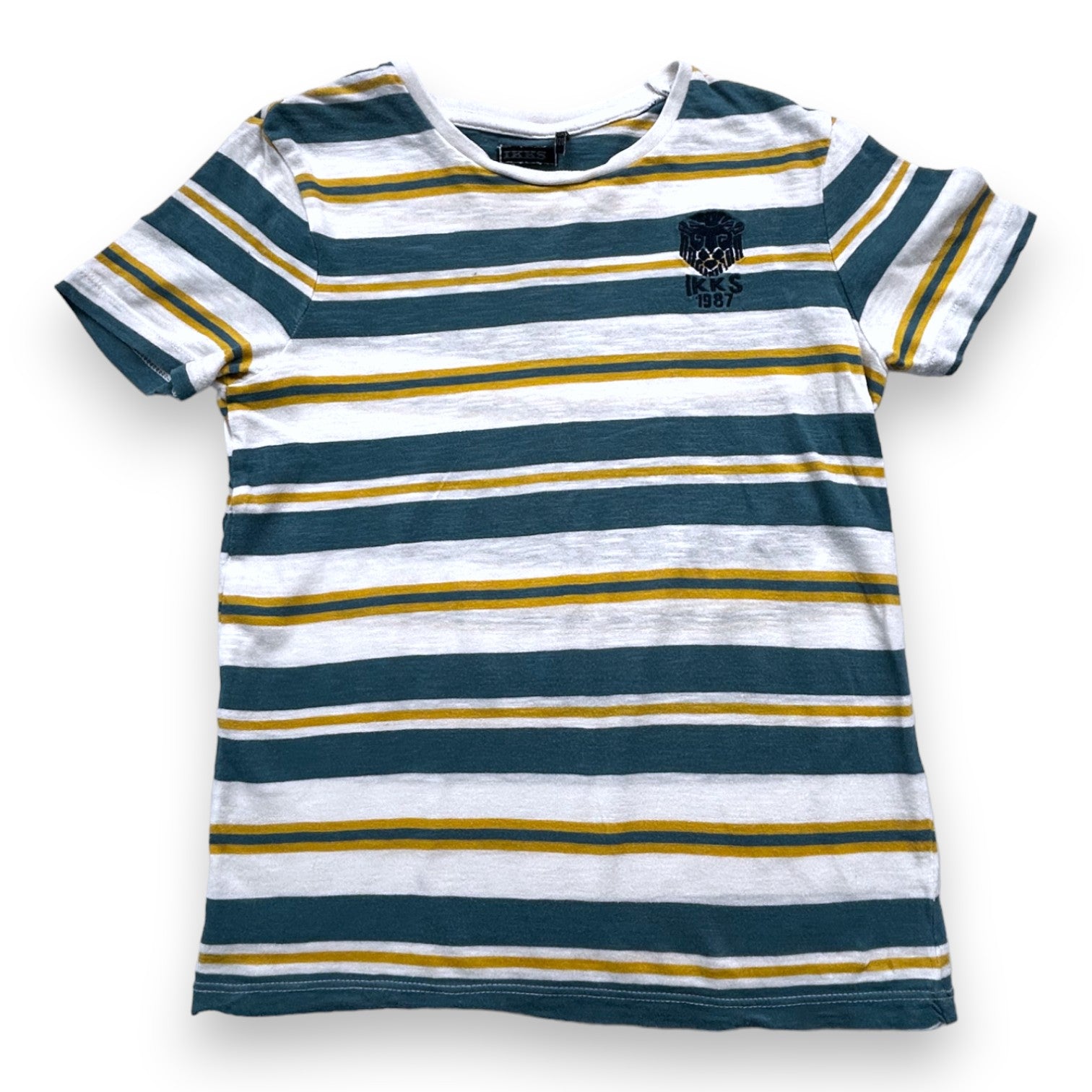 IKKS - T-shirt blanc à rayures vertes et jaunes - 8 ans