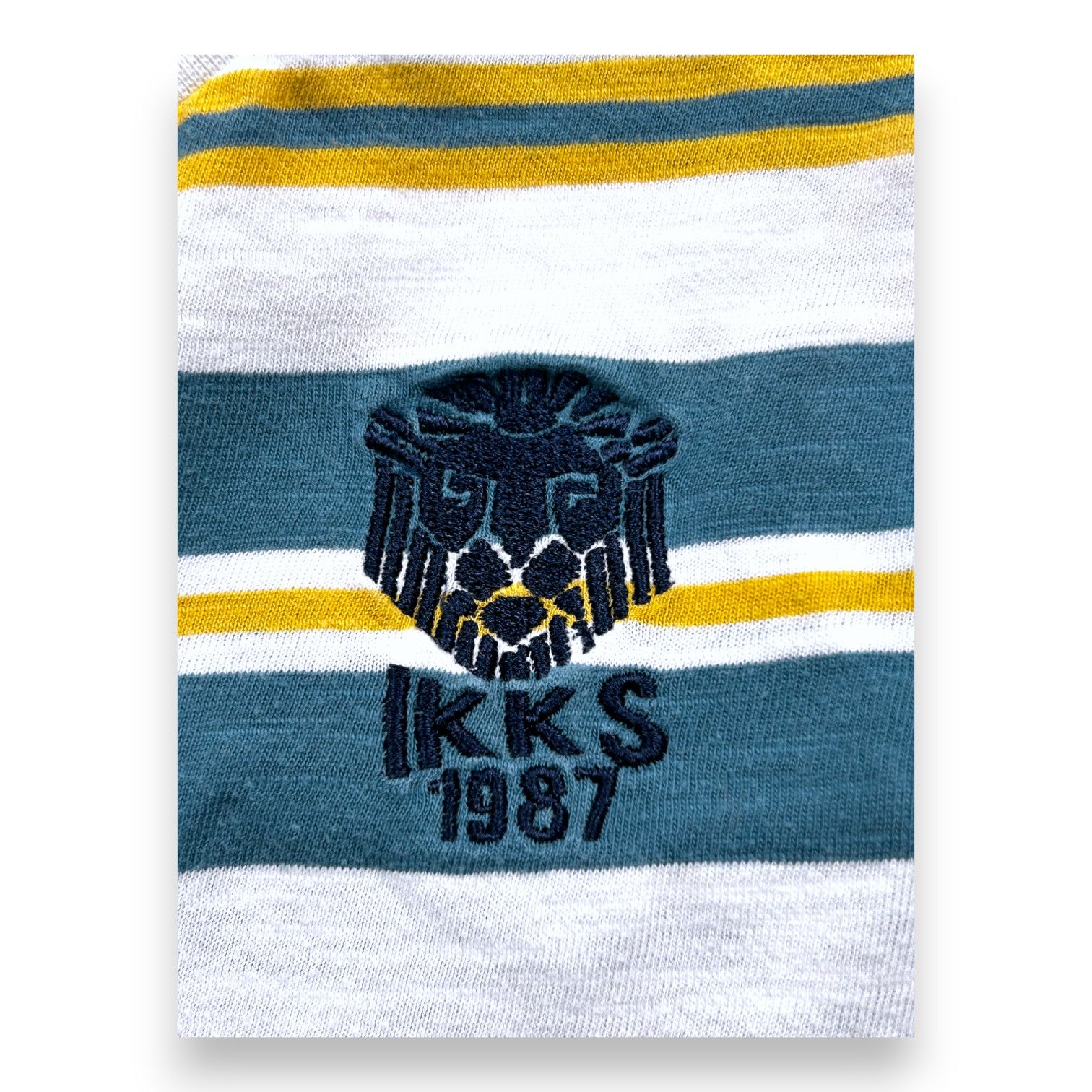 IKKS - White T-shirt with green and yellow stripes - 8 years