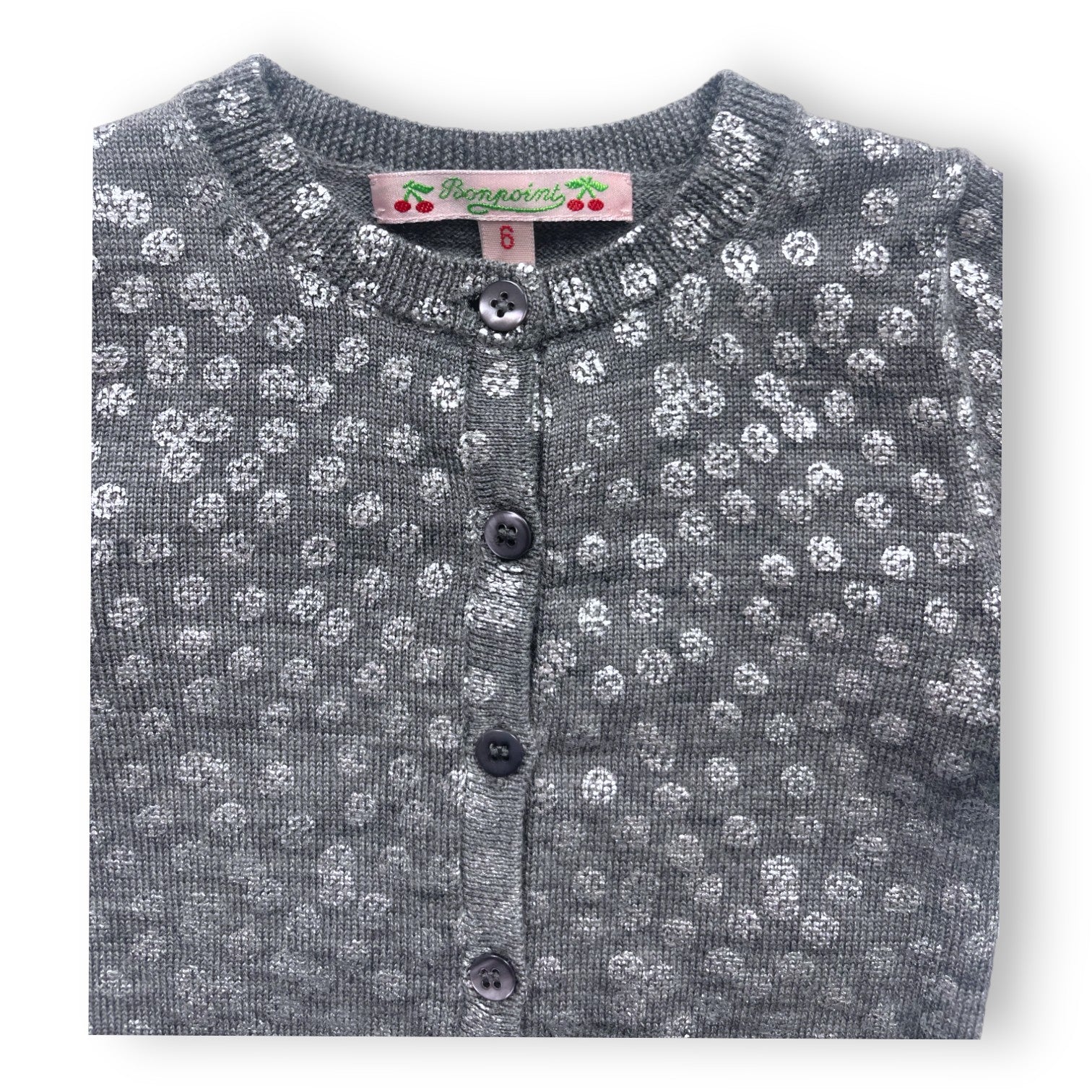 BONPOINT - Graue Wollstrickjacke mit silbernen Punkten - 6 Monate