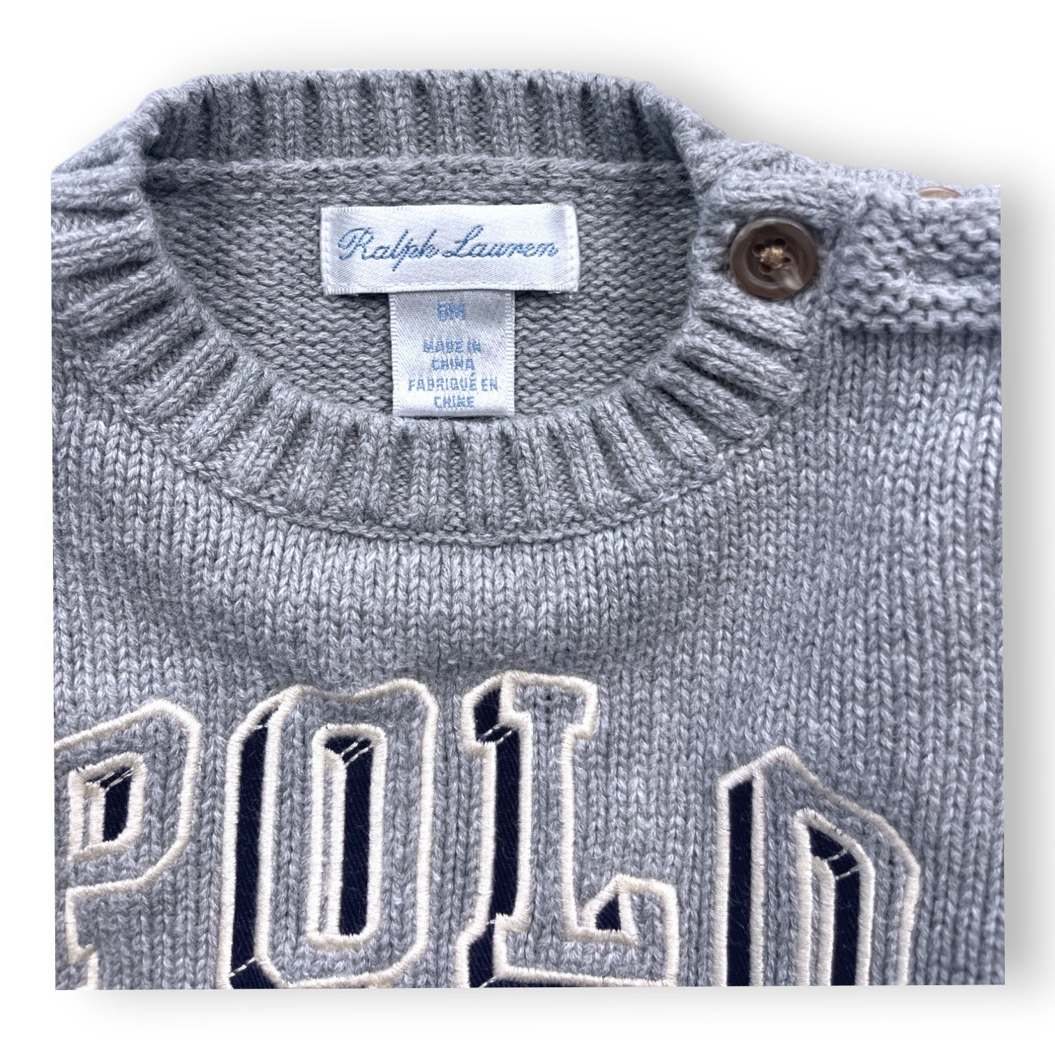 RALPH LAUREN - Pull gris brodé "Polo" - 6 mois