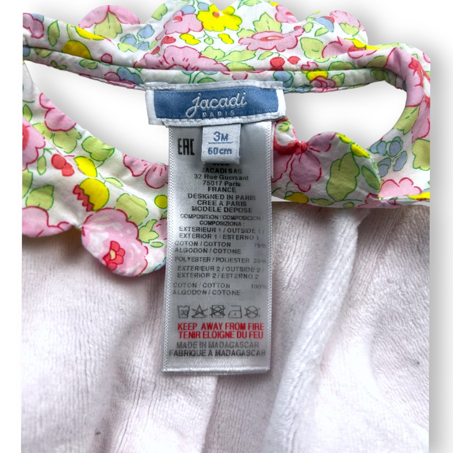 JACADI - Pyjama en velours rose pale col fleuri - 3 mois