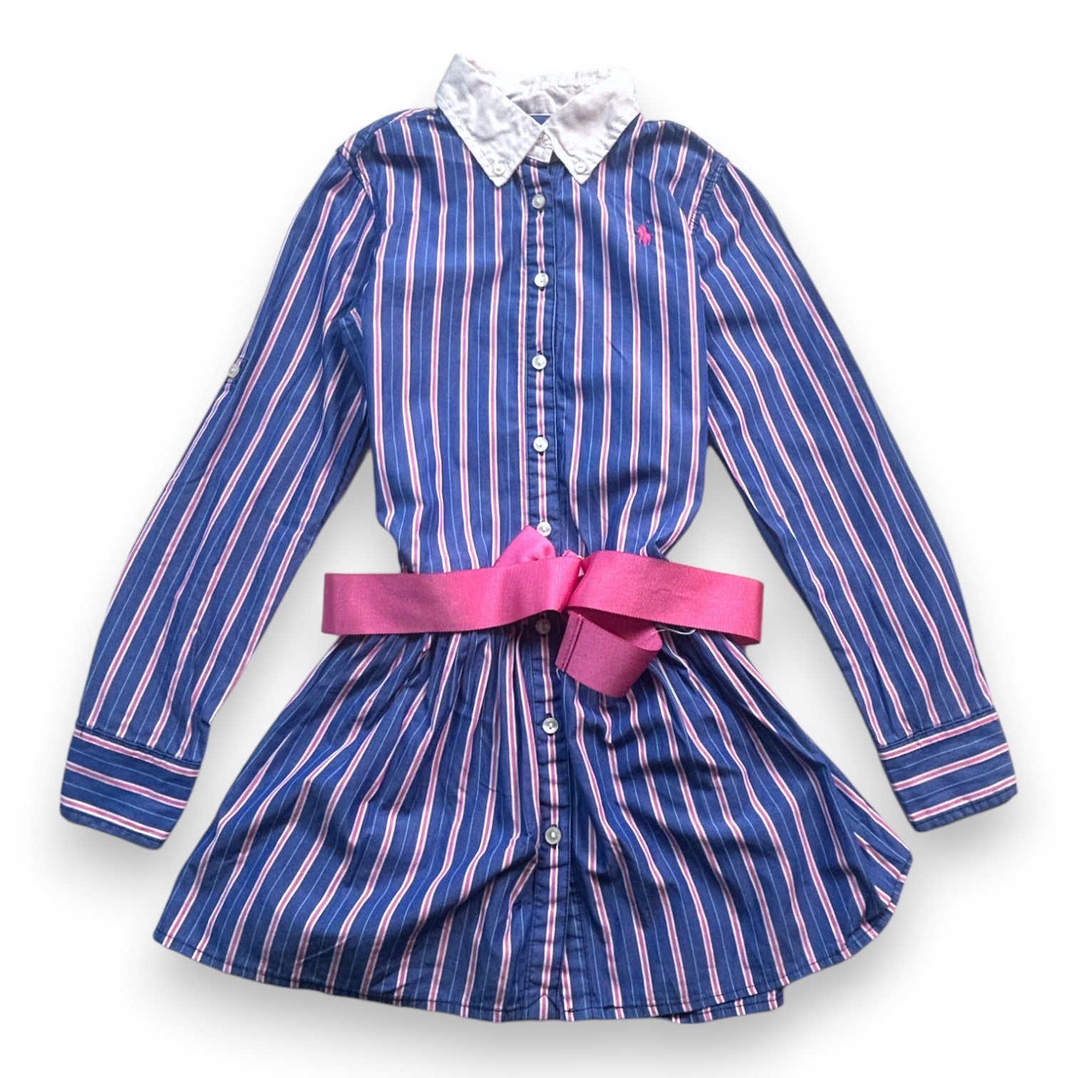 RALPH LAUREN - Robe chemise bleue à rayures roses - 7 ans