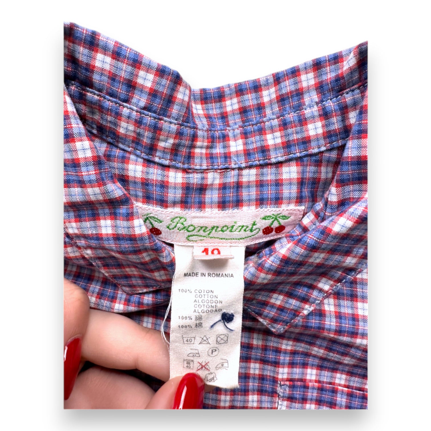 BONPOINT - Chemise à manches longues bleue et rouge à carreaux - 12 mois