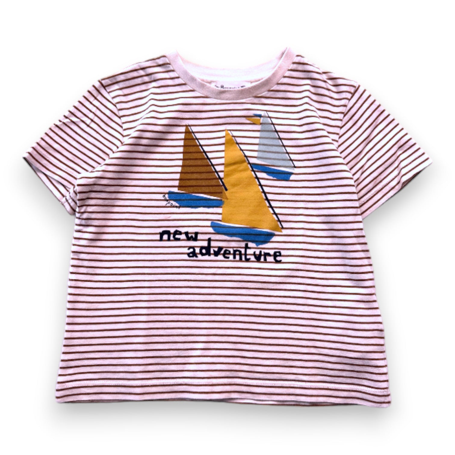 BONPOINT - T-shirt à manches courtes beige à rayures avec imprimé - 4 ans