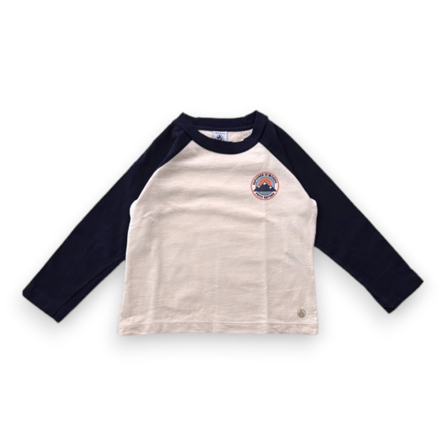 PETIT BATEAU - T-shirt à manches longues beige et bleu - 4 ans